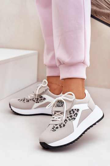 sporta apavi Sneakers modeļa apavi Sieviešu ar platformu ar leoparda kažokādas rakstu Baltas-smilšu krāsas Pumbes