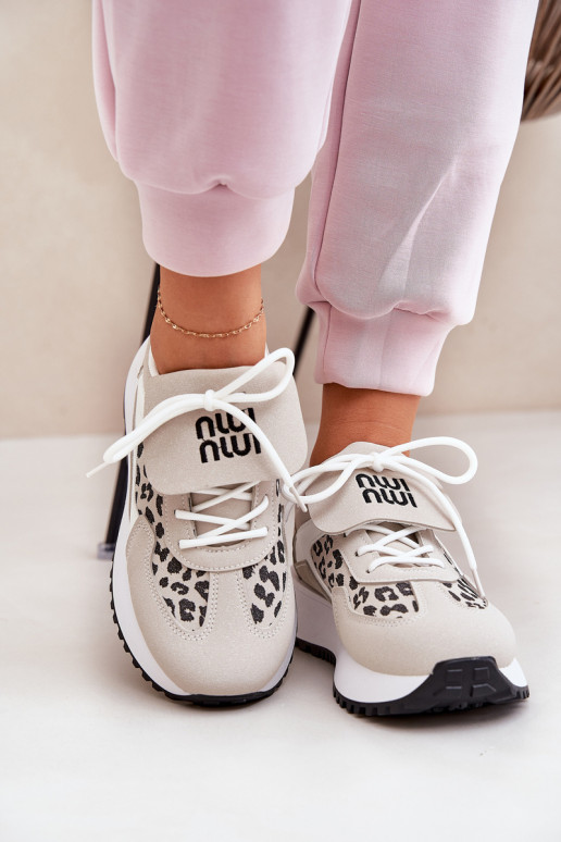 sporta apavi Sneakers modeļa apavi Sieviešu ar platformu ar leoparda kažokādas rakstu Baltas-smilšu krāsas Pumbes