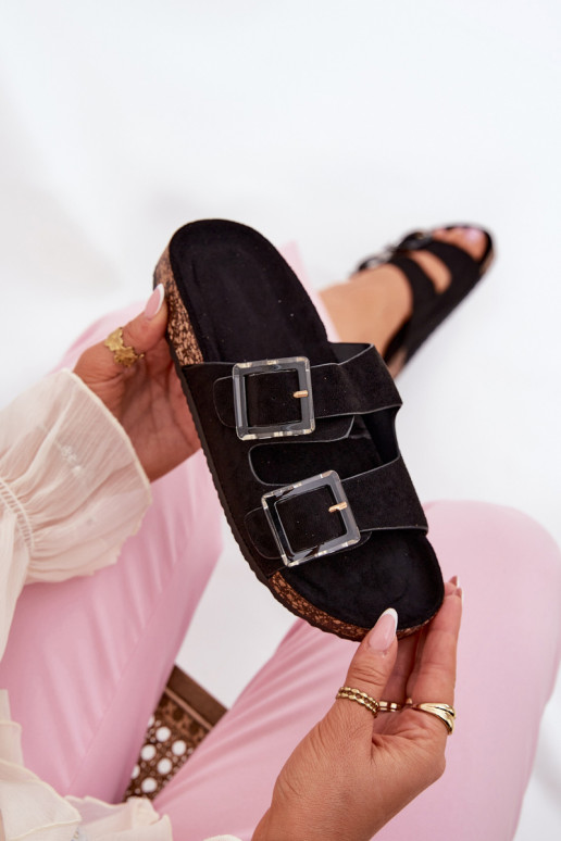 sieviešu čības ar sprādzēm Uz korķa zoles melnas krāsas Heartsle