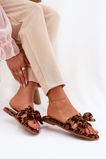 zempapēžu sieviešu čības ar bantītēm ar leoparda kažokādas rakstu brūnas krāsas Tobin