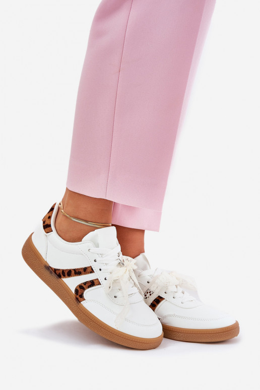 Zems Sneakers modeļa apavi Sieviešu ar mežģīnēm ar leoparda kažokādas rakstu baltas krāsas Zielle