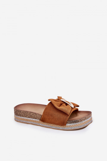 sieviešu čības ar platformu ar bantītēm I Ozdobną Broszką brūnas krāsas Lenela 2