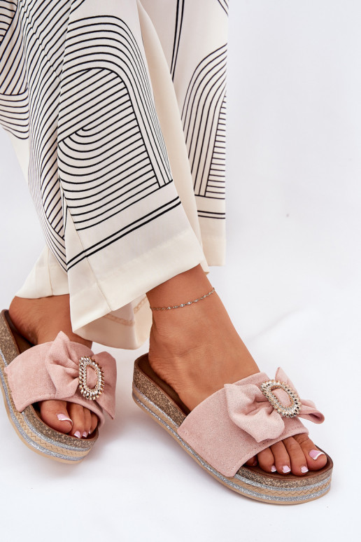 sieviešu čības ar platformu ar bantītēm I Ozdobną Broszką Rozā krāsas Lenela