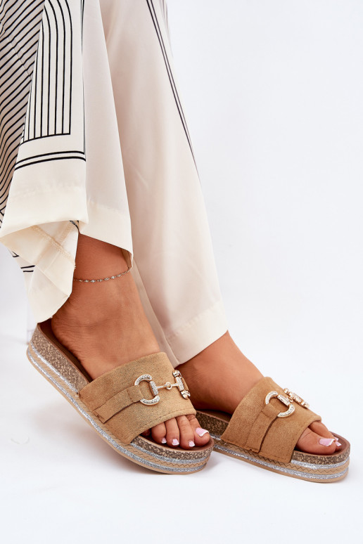 sieviešu čības ar platformu Ar zelta rotājumu Un mirdzēt brūnas krāsas Morisela