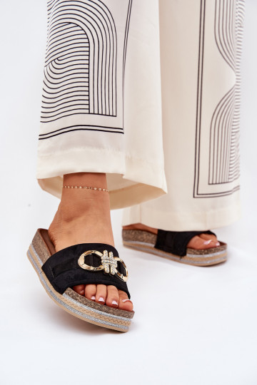 sieviešu čības ar platformu ar mirdzumu I Złotą Ozdobą melnas krāsas Rilirea