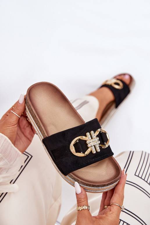 sieviešu čības ar platformu ar mirdzumu I Złotą Ozdobą melnas krāsas Rilirea