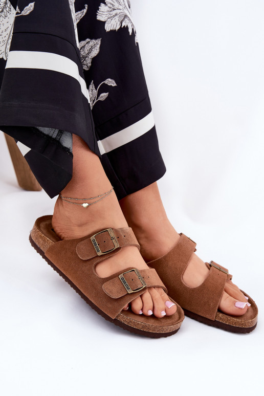 sieviešu zamšādas čības ar sprādzēm Big Star RR274A394 brūnas krāsas