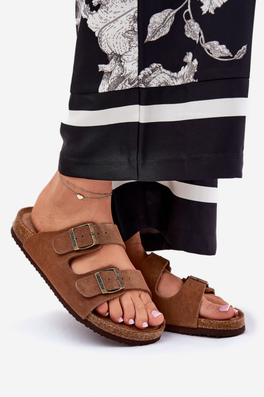 sieviešu zamšādas čības ar sprādzēm Big Star RR274A394 brūnas krāsas