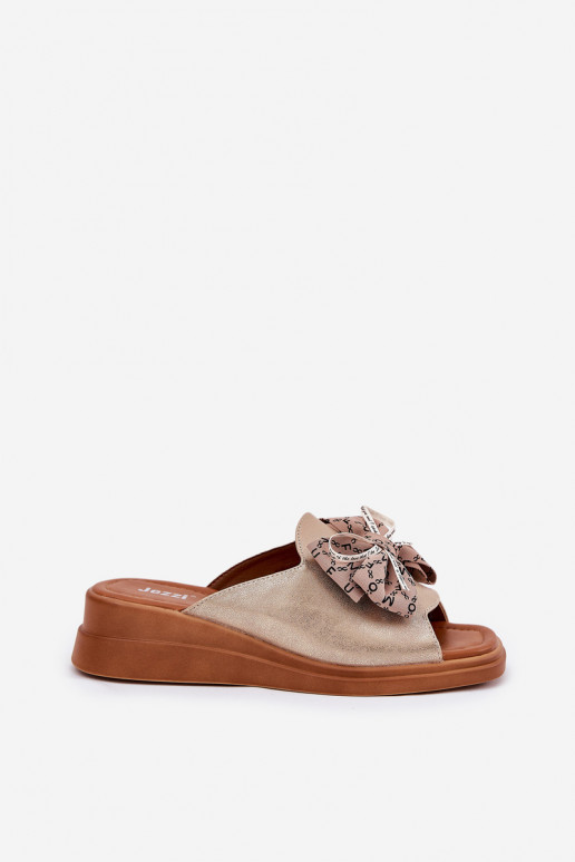 sieviešu čības Uz Ķīļa ar bantītēm Zelta krāsas Moonzella sieviešu čības Uz Ķīļa ar bantītēm Zelta krāsas Moonzella