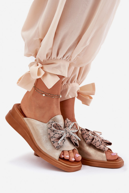 sieviešu čības Uz Ķīļa ar bantītēm Zelta krāsas Moonzella sieviešu čības Uz Ķīļa ar bantītēm Zelta krāsas Moonzella