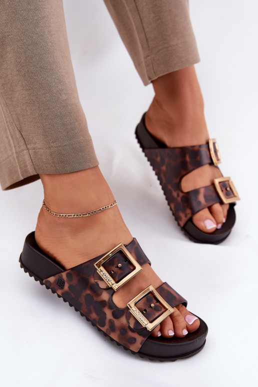 Smaržīgs sieviešu čības ar sprādzēm ar leoparda kažokādas rakstu ZAXY RR285059 brūnas krāsas