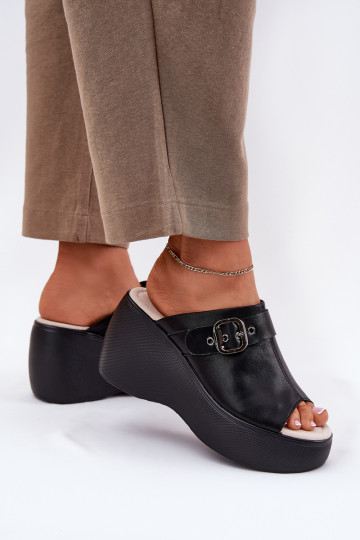 Čibas no dabīgas ādas Sieviešu ar platformu I Koturnie ar sprādzēm S.Barski LR51-542 melnas krāsas