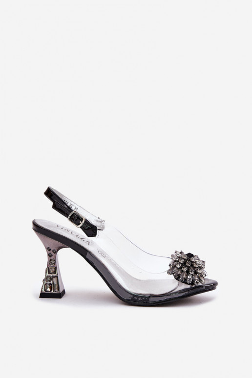 Caurspīdīgas Elegantas augstpapēžu sandales ar mirdzošiem spīdumiem Vinceza 70116 melnas krāsas