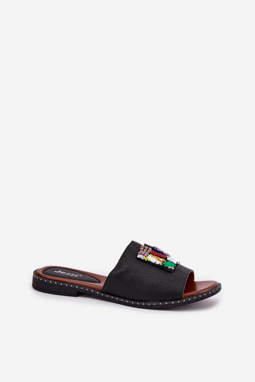 sieviešu čības ar platiem papēžiem ar ornamentiem melnas krāsas Clelione