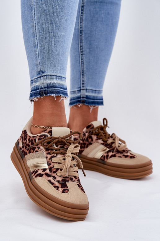 Sneakers modeļa apavi Sieviešu ar platformu Z PodInójnym Šņorēšanam ar leoparda kažokādas rakstu smilšu krāsas Niteria Sneakers modeļa apavi Sieviešu ar platformu Z PodInójnym Šņorēšanam ar leoparda kažokādas rakstu smilšu krāsas Niteria