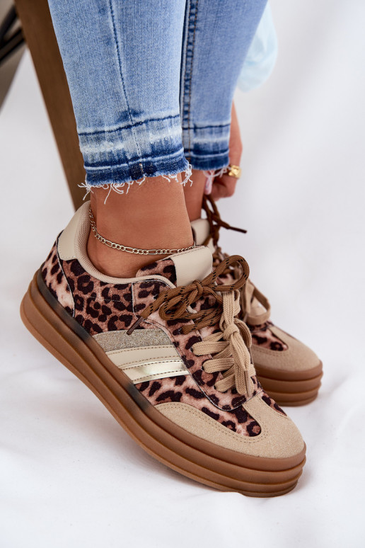 Sneakers modeļa apavi Sieviešu ar platformu Z PodInójnym Šņorēšanam ar leoparda kažokādas rakstu smilšu krāsas Niteria Sneakers modeļa apavi Sieviešu ar platformu Z PodInójnym Šņorēšanam ar leoparda kažokādas rakstu smilšu krāsas Niteria