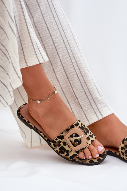 zempapēžu sieviešu čības dekorēti ar sprādzēm ar leoparda kažokādas rakstu Clariola