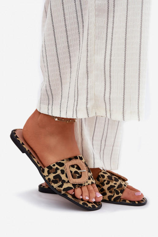 zempapēžu sieviešu čības dekorēti ar sprādzēm ar leoparda kažokādas rakstu Clariola