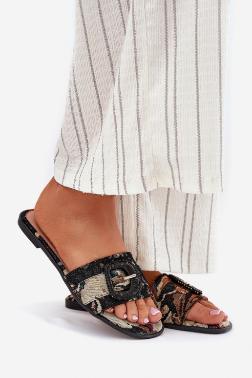 zempapēžu sieviešu čības dekorēti ar sprādzēm melnas krāsas Clariola