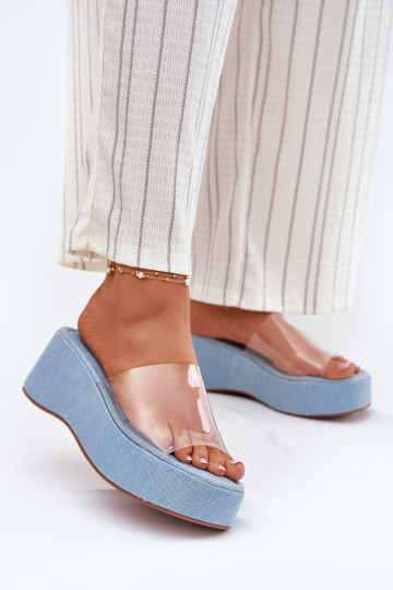 sieviešu čības Z Transparentnym Svītrasem Uz Ķīļa Džinsa auduma Meltiana