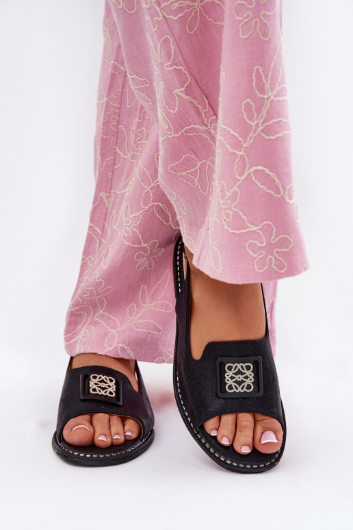 Eleganta stila Sieviešu basenes ar platiem papēžiem ar ornamentiem S.Barski KV51-082 melnas krāsas