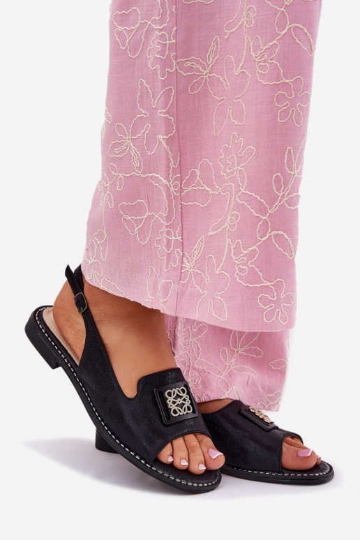 Eleganta stila Sieviešu basenes ar platiem papēžiem ar ornamentiem S.Barski KV51-082 melnas krāsas