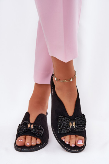 Sieviešu basenes ar bantītēm ar platiem papēžiem S.Barski KV51-014 melnas krāsas 2