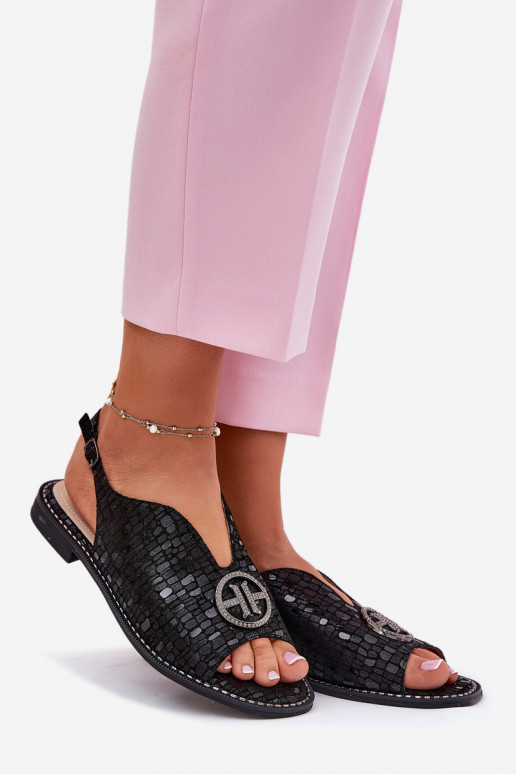 Sieviešu basenes ar platiem papēžiem ar ornamentiem S.Barski KV51-094 melnas krāsas