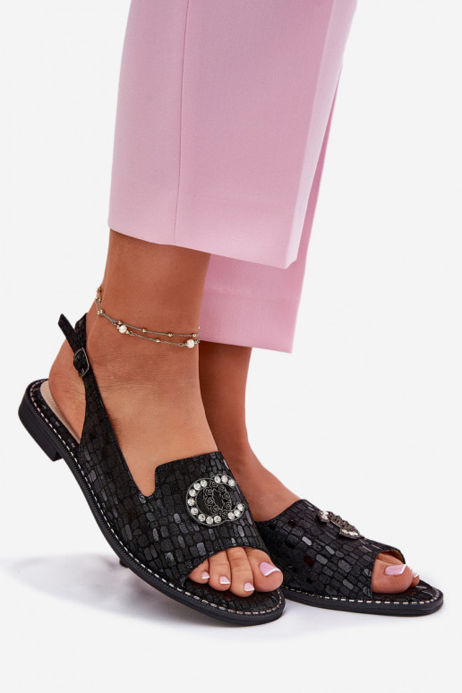 Sieviešu basenes ar ornamentiem ar platiem papēžiem S.Barski KV51-096 melnas krāsas