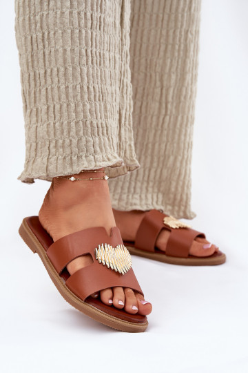 sieviešu čības ar platiem papēžiem Ar zelta rotājumu brūnas krāsas Karinma