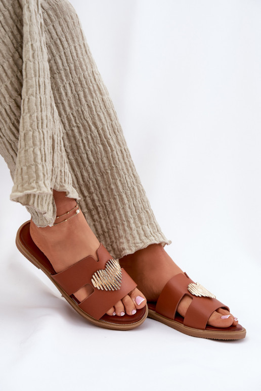 sieviešu čības ar platiem papēžiem Ar zelta rotājumu brūnas krāsas Karinma