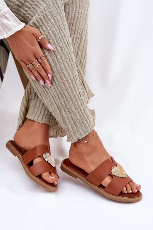 sieviešu čības ar platiem papēžiem Ar zelta rotājumu brūnas krāsas Karinma