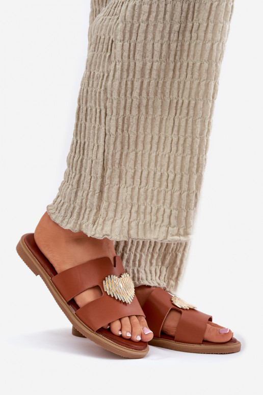 sieviešu čības ar platiem papēžiem Ar zelta rotājumu brūnas krāsas Karinma