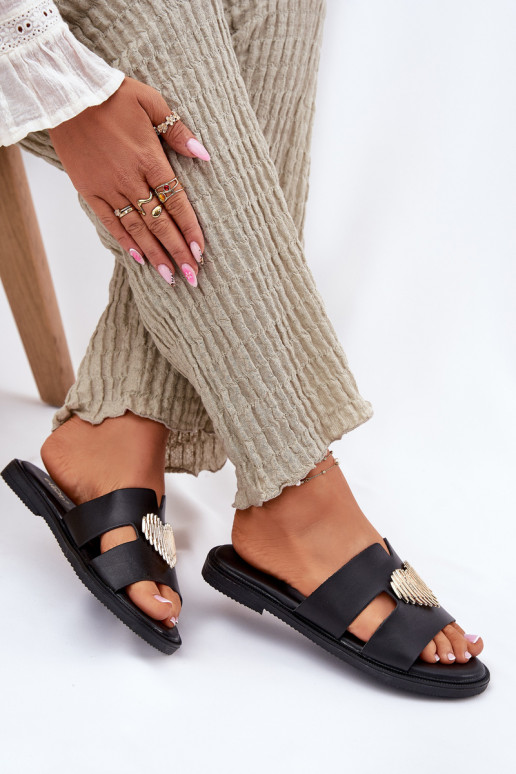 sieviešu čības ar platiem papēžiem Ar zelta rotājumu melnas krāsas Karinma