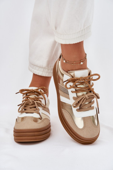 Sneakers modeļa apavi Sieviešu ar platformu Z PodInójnym Šņorēšanam ar leoparda kažokādas rakstu Zelta krāsas Niteria 2