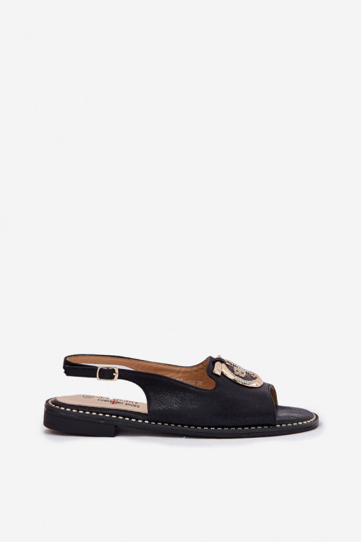 Eleganta stila sandales ar ornamentiem ar platiem papēžiem S.Barski KV51-003 melnas krāsas Eleganta stila sandales ar ornamentiem ar platiem papēžiem S.Barski KV51-003 melnas krāsas