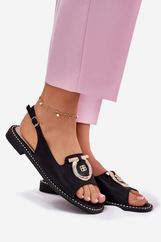 Eleganta stila sandales ar ornamentiem ar platiem papēžiem S.Barski KV51-003 melnas krāsas Eleganta stila sandales ar ornamentiem ar platiem papēžiem S.Barski KV51-003 melnas krāsas