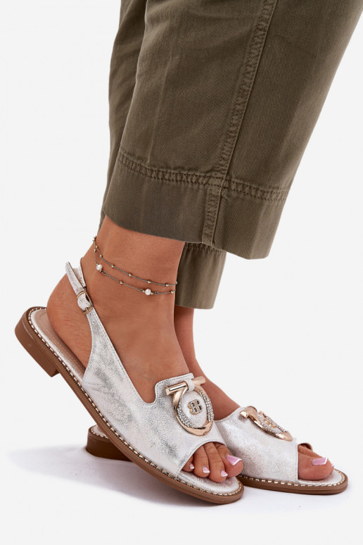 Eleganta stila sandales ar ornamentiem ar platiem papēžiem S.Barski KV51-003 Sudraba krāsas