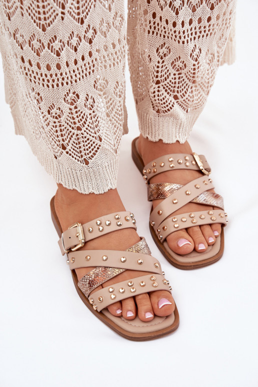 Dekorētas sieviešu čības ar platiem papēžiem Ar svītrām I ar sprādzēm smilšu krāsas Tā irnitte