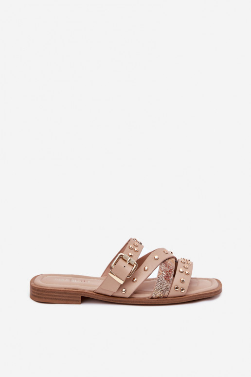 Dekorētas sieviešu čības ar platiem papēžiem Ar svītrām I ar sprādzēm smilšu krāsas Tā irnitte