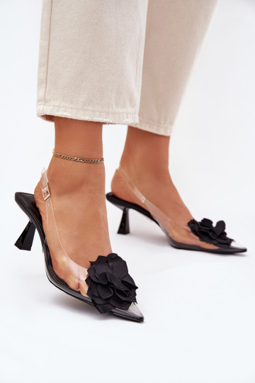 Caurspīdīgas sandales ar papēdi Ar greznu Puķe melnas krāsas Risalie