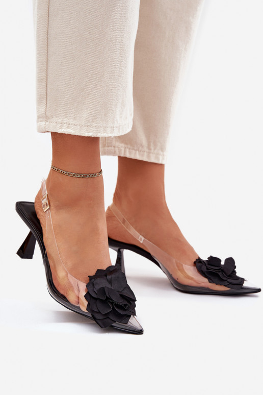 Caurspīdīgas sandales ar papēdi Ar greznu Puķe melnas krāsas Risalie
