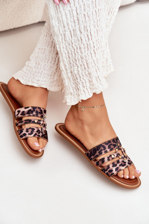 zempapēžu sieviešu čības Ze Zelta krāsasm Detalem ar leoparda kažokādas rakstu Noroti