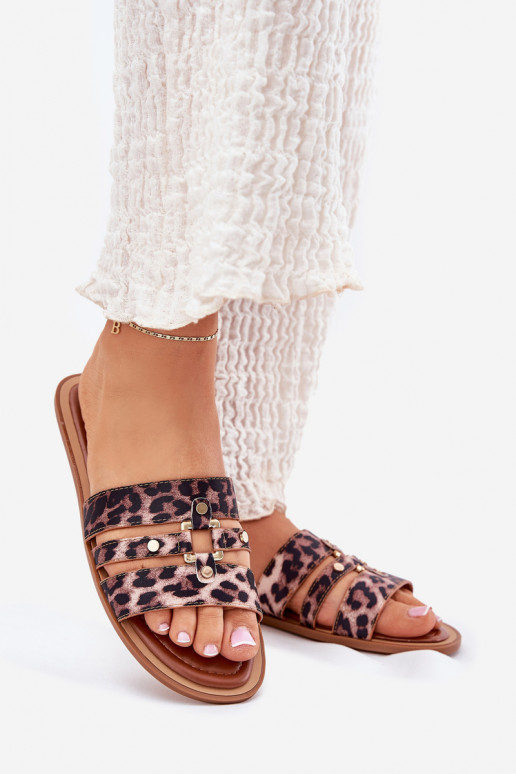 zempapēžu sieviešu čības Ze Zelta krāsasm Detalem ar leoparda kažokādas rakstu Noroti