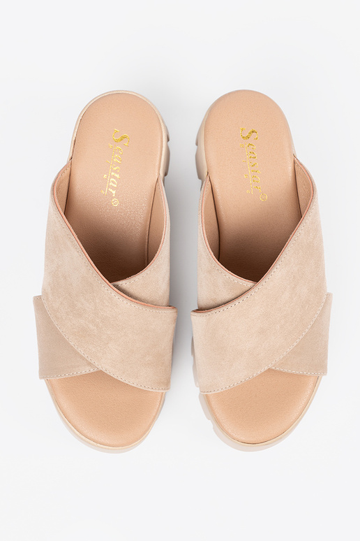 zamšādas čības sieviešu uz ķīļa bēšs