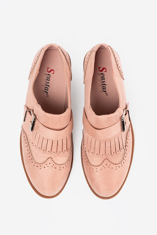 Rozā plakanie mokasīni no zamšā