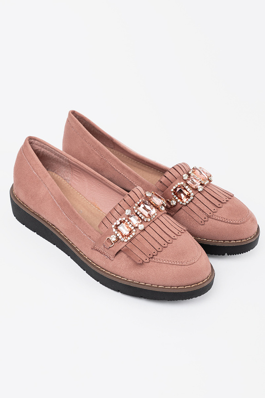 Rozā krāsas zamšādas mokasīni dekorēts ar kristāliem