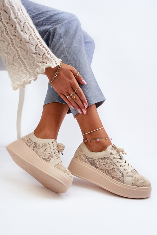 Ar mežģīnēm Sneakers modeļa apavi Sieviešu ar platformu S.Barski HY025 smilšu krāsas