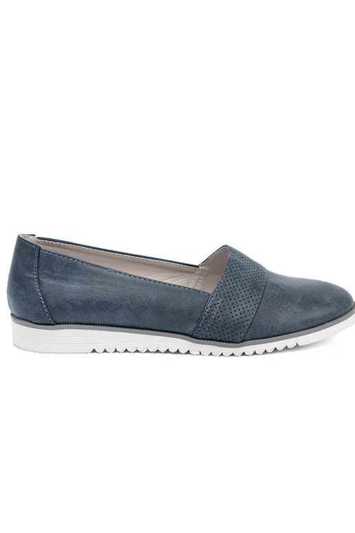 tumši zilas krāsas mokasīni uz baltas zoles