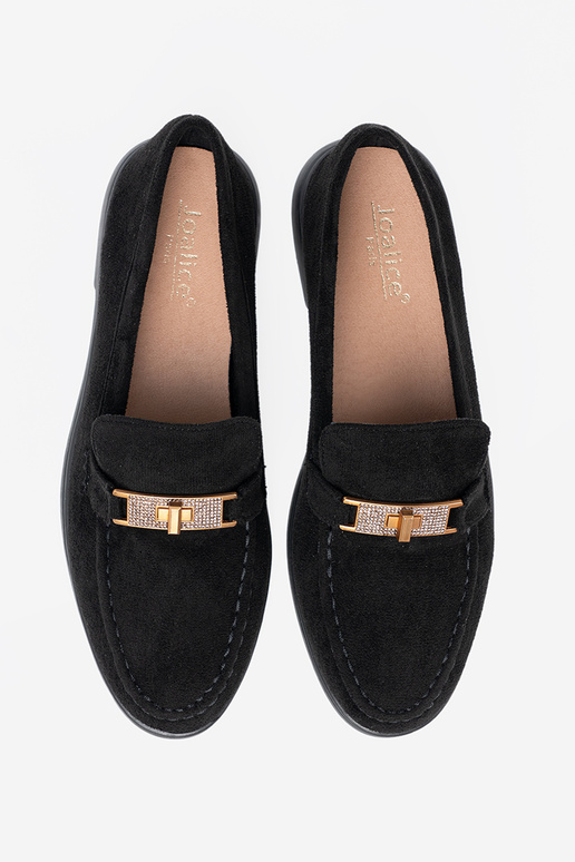 melnas krāsas zamšādas mokasīni z elegancką złotą ozdobą